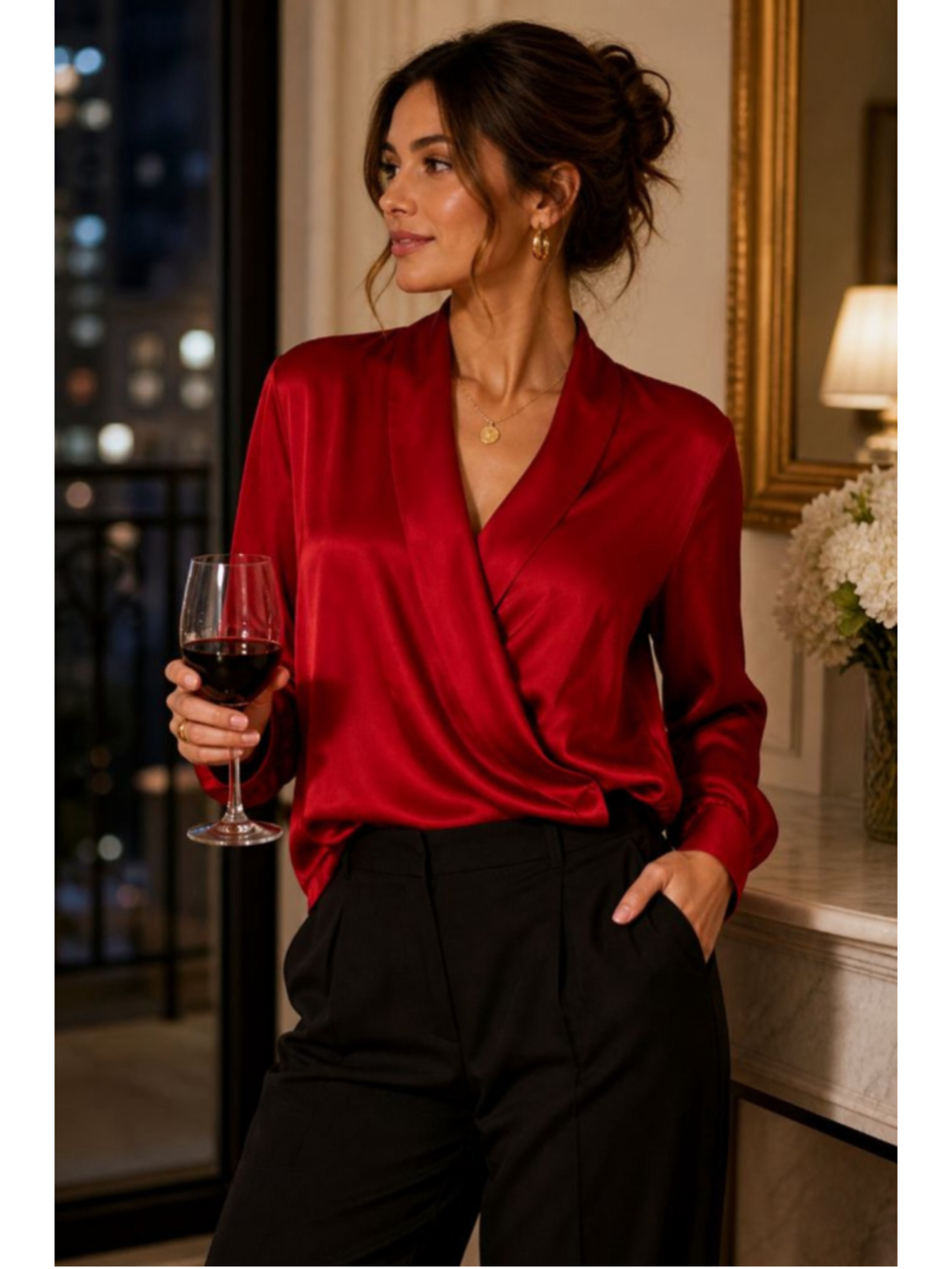 Valerie Stevens Red Satin Wrap Blouse